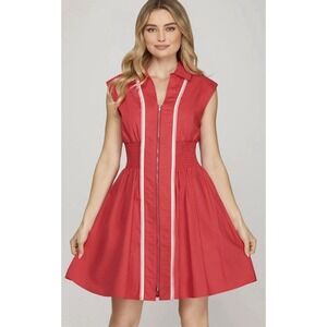 She + Sky piped zip-up dress smocked waist front pockets Fit Flare Size Large